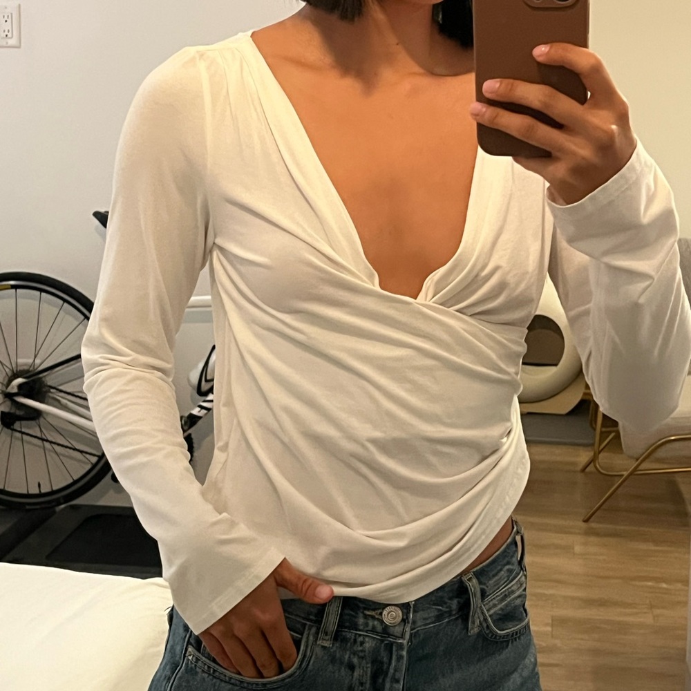 Line by K White Wrap Long Sleeve Blouse